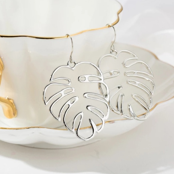 Silver Monstera Tropical Leaf Earrings - Picture 2 of 3